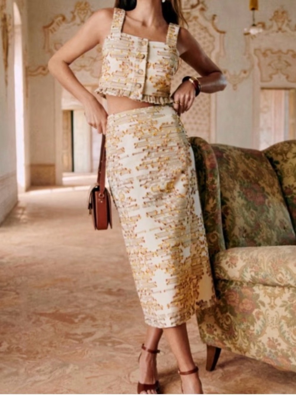NWOT Sezane Elegant Cream & Gold Midi Pencil Skirt